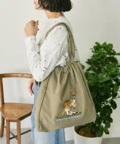 「撥水/A4サイズ対応」sampo×earコラボ刺繍トートバッグ （カーキ）