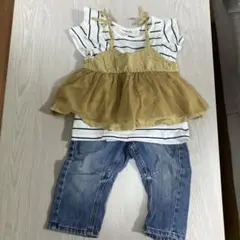 ストライプ柄タンクトップとデニムパンツセット