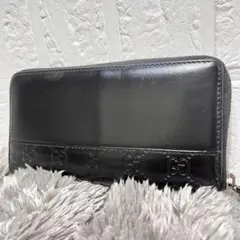 GUCCI シマ　メンズ　ラウンドファスナー　長財布　レザー　ブラック
