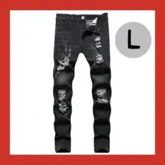 スキニーパンツ　ブラックデニム　L ダメージデニム　ストレッチ　加工　ストリート