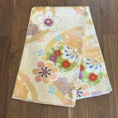 袋帯 振袖用 西陣織 正絹 中古 アイボリー 花so425