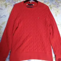 トミーフィルフィガー　ケーブルクルーネックセーターМ　レッド