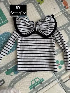 ストライプ長袖カットソー リボン付き　襟付き