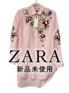 新品未使用 ZARA 花刺繍ロングシャツ ピンク フラワー刺繍 ブラウス