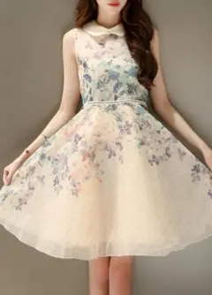 【お値引き セール品】白襟 花柄 ワンピース・ノースリーブ ドレス （ベージュ）