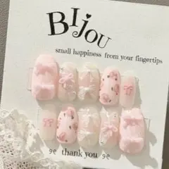 49. サイズオーダー　ネイルチップ　小花柄　フレンチガーリー　リボン