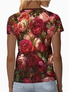 アート　イラスト　花柄　ローズ　薔薇　レッド　レディース　Tシャツ　Lサイズ