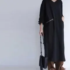 antiqua アンティカ ジップポケット ワンピース ブラック Vネック F