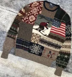 圧巻の両面パッチワーク柄 スキー柄 90's ラルフローレン ニット セーター