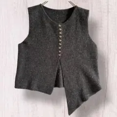 ニットベスト シルバーボタン付 ダークグレー アシンメトリーベスト FREE