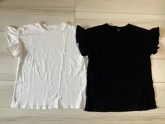 GU 袖フリルTシャツ　白と黒　150
