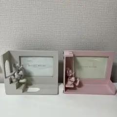 未使用 ミッキーマウス・ミニーマウス フォトフレームセット くすみピンク グレー