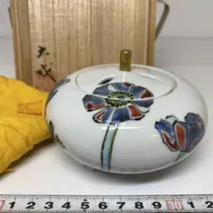 九谷焼　名工　山岸大成　色絵　香炉　共箱　幅約9㎝　東S8-0420☆2F