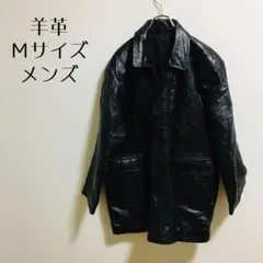 【美品　羊革】メンズ　レザーコート　ロングコート　Ｍ　ライダース　ビンテージ