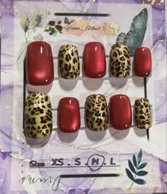 ネイルチップ　M　スクエア　訳あり　ヒョウ柄　レッド　赤　マグネット