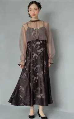 form forma ブラウン シフォン レース パーティードレス