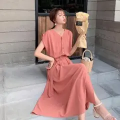 ワンピース ノースリーブ レディース シフォンロングワンピース レンガレッド