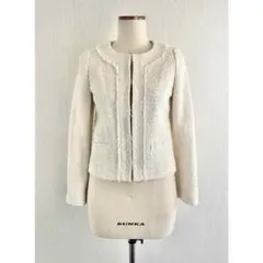 INDIVI ノーカラー ラメ ツイード ジャケット アイボリー 36