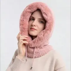 ピンク　ニット帽 ファー付 防寒具 フード 極暖ネックウォーマー バラクラバ ■
