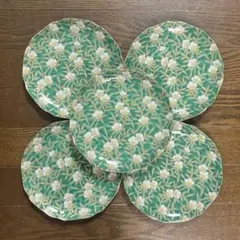 有田焼　明宝窯　緑彩山茶花　５枚セット　金彩　色絵　銘々皿　和柄　皿のサムネイル