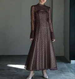 ANDRESD バックオープンジオメトリックドレス ブラウン M 結婚式 レース