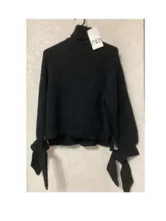 ZARA ザラ　袖リボン　タートルネックセーター　ブラック　未使用タグ付