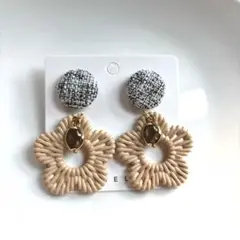 【在庫セール】ツィードボタン風×フラワーラタン♡ゴールド ピアス イヤリング