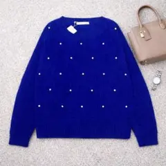 【LOWRYS FARM】新品タグ付き✨パール付き ニット セーター ブルー M
