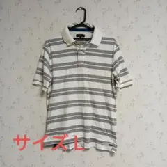 ★古着 ポロシャツ ホワイト グレー ストライプ サイズL