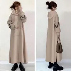 パーカー　ワンピース　フード　カンガルーポケット　ぽわん袖　ニット　Aライン