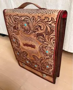 本革　レザー　バッグ　カービング　A4 クリアファイル　ターコイズ