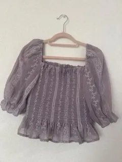 GRLスクエアネック 刺繍ブラウス 五分袖 パープル