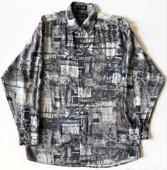 ヴィンテージ レーヨン100% 長袖シャツ 柄シャツ 総柄 モノクロ