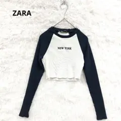 ZARA ザラ　ショート丈リブトップス　S　短丈　ラグランスリーブ　英字ロゴ