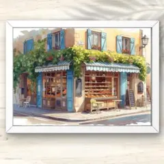 A4 南仏の青い扉とパン香る通り 水彩風景画アート インテリアポスター 水彩画