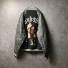 VINTAGE スタジャン　黒　袖レザー　英字ロゴ　背面刺繍　リブ