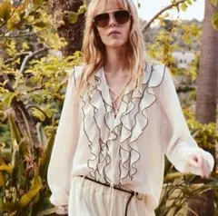 新品＊ZARA　フリルトリム付き　セミシースルーブラウス　XS　ザラ