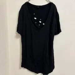 ロック Tシャツ Vネック 半袖 無地 L 黒 レーヨン ドレープ グランジ