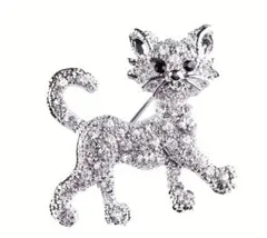 ラインストーン猫ブローチ キラキラ シルバー 銀 黒目 高見え 上品