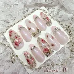 ♡1♡ネイルチップ♡ローズ オーロラ レース ビジュー アーモンド ☆現品☆のサムネイル
