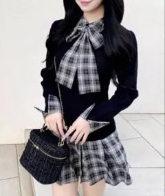 INGNI チェック柄ボウタイシャツドッキングニットワンピース ブラック