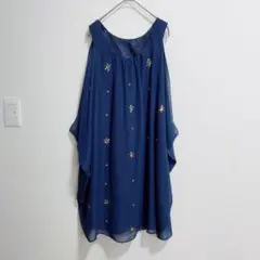 ノースリーブワンピース　シフォンドレス　結婚式　ビジュー　スパンコール　紺