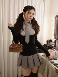 【即日発送】ダーリッチ シャツドッキングニットミニワンピース BLK FREE