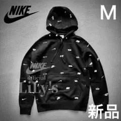 【Ｍサイズ】新品未使用　NIKEパーカー　ロゴ総柄　スウォッシュ　黒　ブラック
