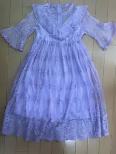 薄紫色 フラワー刺繍 七分袖　フォーマル　ワンピース　発表会用