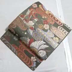 A5◆着物くつろぎ 美品 唐織 桜と鴛鴦 金糸 薄緑 六通 正絹 袋帯 101