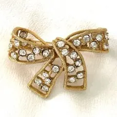 リボンブローチ　キラキラ系　ゴールドリボン　ビンテージブローチ