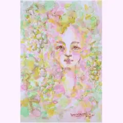 「マスカットと女性」水彩画イラスト 原画 はがきサイズ 額なし