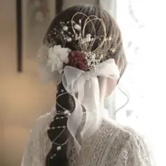 ホワイトリボンヘアアクセサリー　成人式　前撮り　振袖　結婚式　ウエディング髪飾り