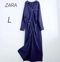 ザラ ハーフジップ シャツワンピース ネイビー L ロング スリット 金ボタン